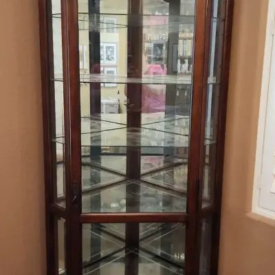 Tall Dark Wood Corner Display Cabinet - 5 Glass Shelves, Wood Bottom Shelf, Glass Front & Sides 