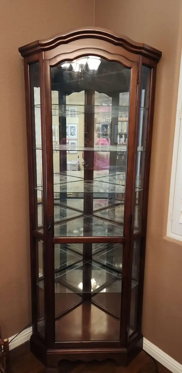 Tall Dark Wood Corner Display Cabinet - 5 Glass Shelves, Wood Bottom Shelf, Glass Front & Sides 