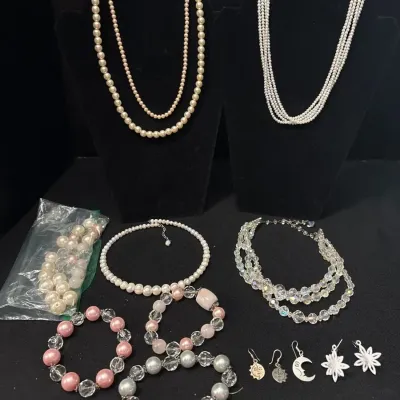 VTG Jewelry - Sterling Silver Earrings, Faux Pearl Strands, Choker, Crystal AB Necklace, Bracelets