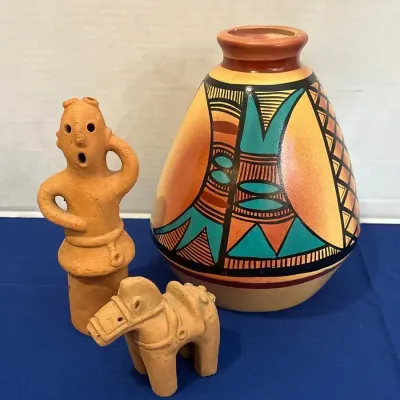 Vintage Folk Art - Geometric Polychrome Pottery Vase, Terracotta Haniwa Horse & Figure