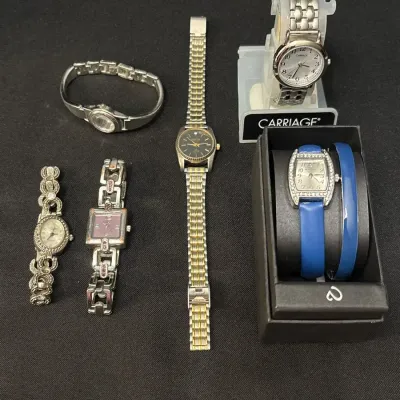 6 Ladies Watches - Croton Manhattan Diamond, Carriage Timex, Valletta Set, LA Express, Overload, LEI