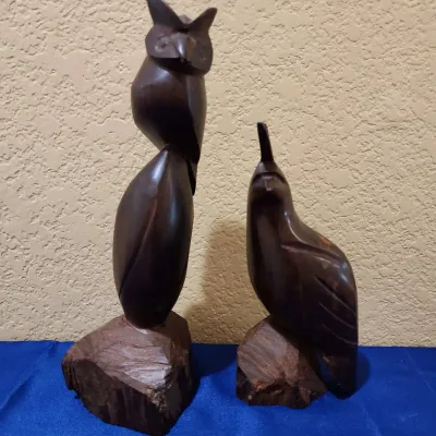 2 Hand-Carved Wooden Figures - Horned Owl Figure, Quail Figure, Made In Mexico 