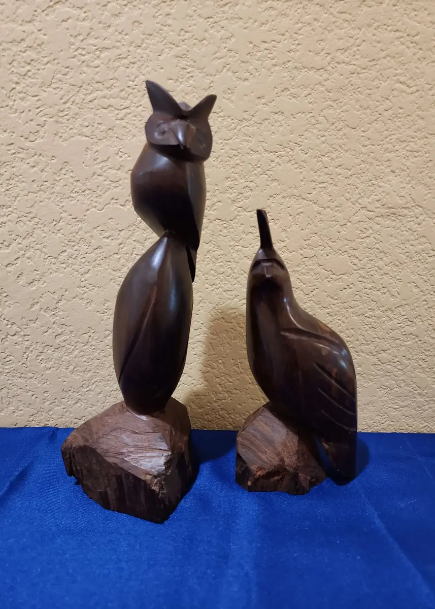 2 Hand-Carved Wooden Figures - Horned Owl Figure, Quail Figure, Made In Mexico 
