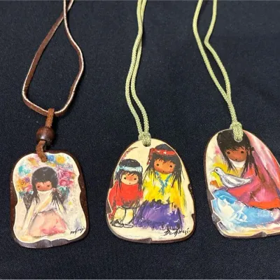 3 VTG Ted DeGrazia Art Pendant Necklaces - Flower Girl, Wondering, White Dove