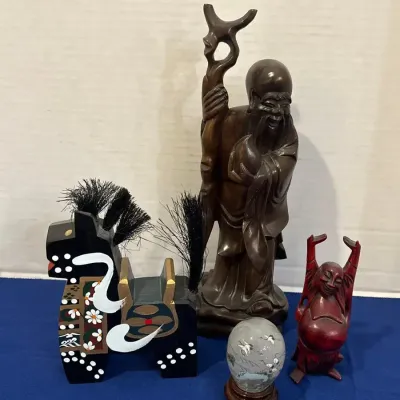 Asian Folk Art - Wooden Shou Lao, Miharu Koma Horse, Red Laughing Buddha, Painted Sphere W/ Cranes