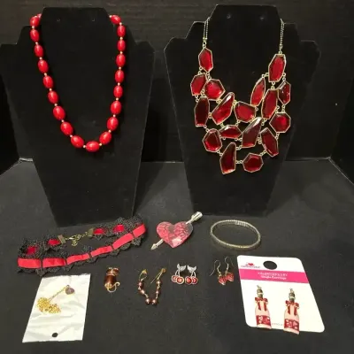 Red Jewelry - Monet Lucite Bead, Bib Necklace, Choker, EMO Jelly Belly Cat, Earrings, Avon Cherries
