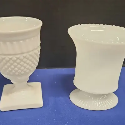 2 Vintage White Milk Glass Vases - Footed Base, EO Brody Co, Ornate