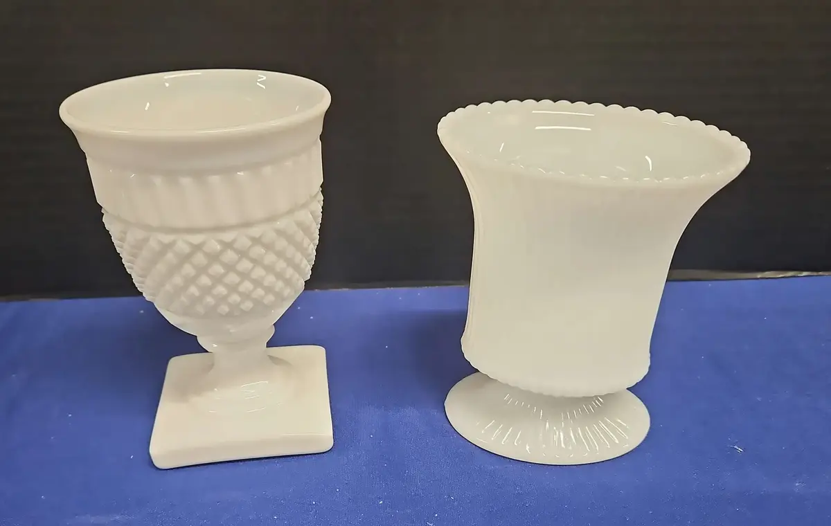 2 Vintage White Milk Glass Vases - Footed Base, EO Brody Co, Ornate
