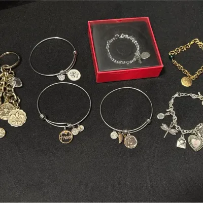 Charm Bracelets + Fleur De Lis Keychain - Love This Life Wire Bangles, Hearts, Dog, Friend
