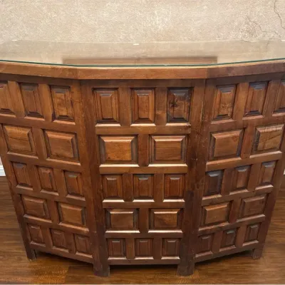 Vintage Spanish Revival Home Bar - Curved Wood Cocktail Cabinet, Glass Top, Wrought Iron Hardware