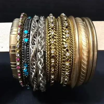11 Bracelets - Gold & Silver Tone Bangle, 1 Stretchy, Mixed Metal, Rhinestone, Stack