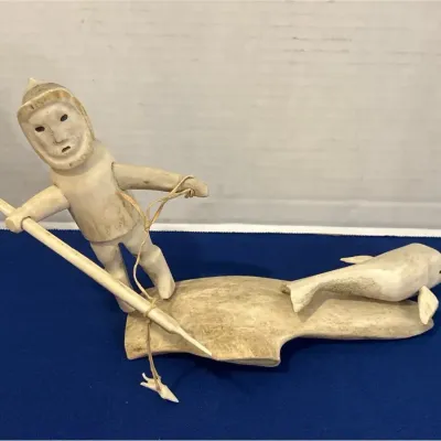 Vintage Inuit Mixed Medium Bone Carving - Arctic Hunter With Sinew Cord Harpoon & Whale