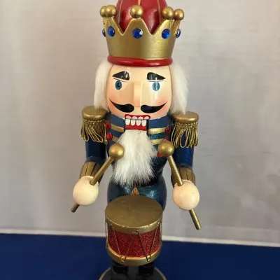 Wooden Christmas Drummer King Nutcracker - 14", Blue Glitter Uniform, Gold Crown