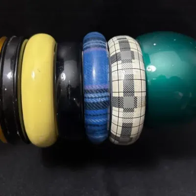 7 Retro Plastic Bracelets - Bangle & Cuff, Tartan Plaid, Yellow, Black, Green