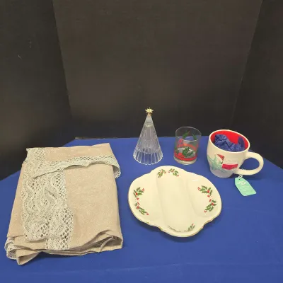 Christmas Hosting - Sparkly Tablebloth, Holly Berry Cup & Serving Plate, Crystal Tree W/ Star & Mug