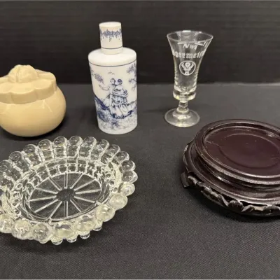 VTG Decor - Yardley Of London Cosmetic Jar, Ashtray, Wood Stand, Porcelain, Jagermeister Shot Glass 