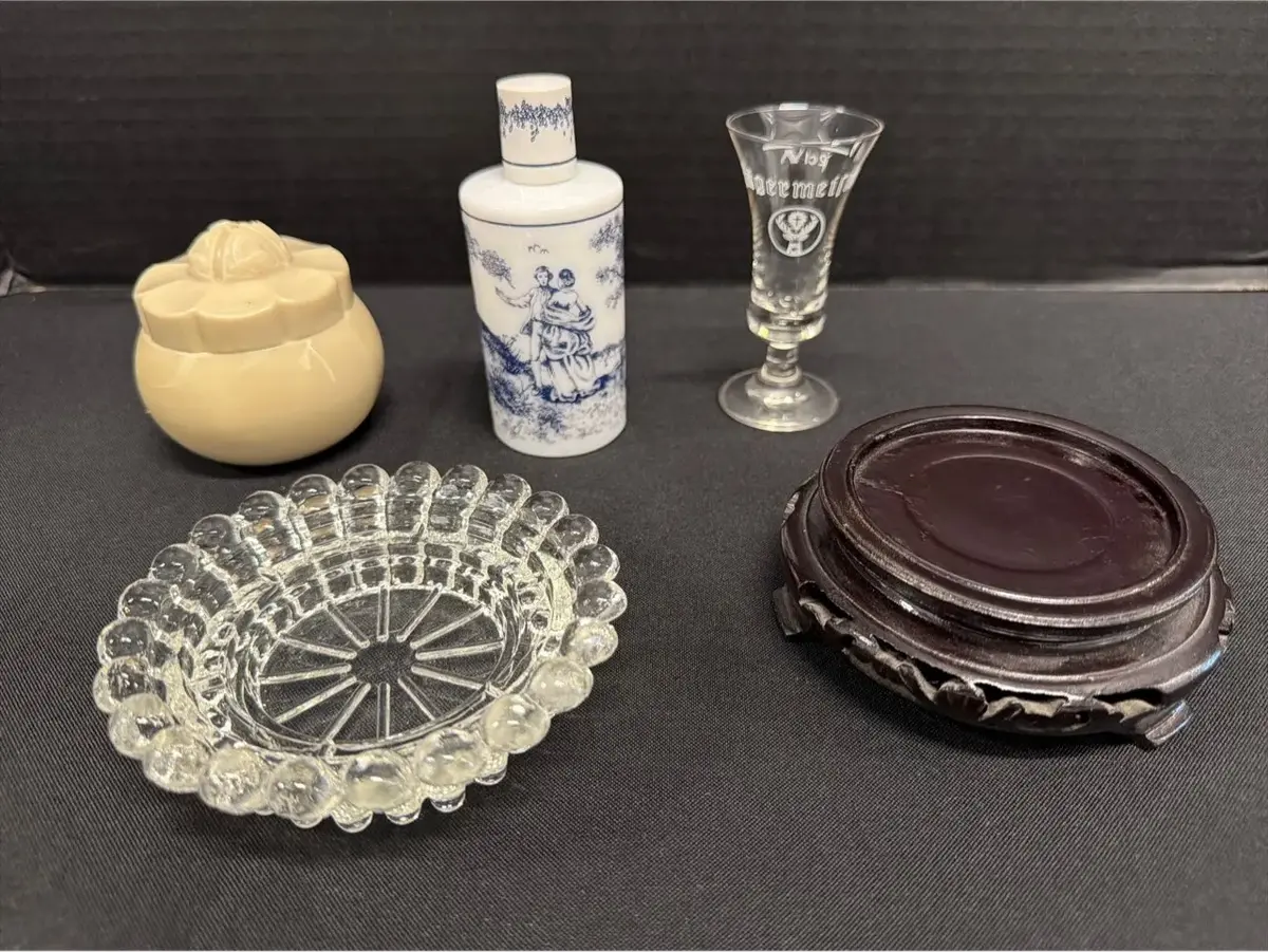 VTG Decor - Yardley Of London Cosmetic Jar, Ashtray, Wood Stand, Porcelain, Jagermeister Shot Glass 