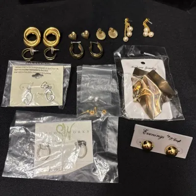 Earrings - 12 Pair, Gold & Silver Tone, Hoops, Faux Pearl, Dangle, Stud