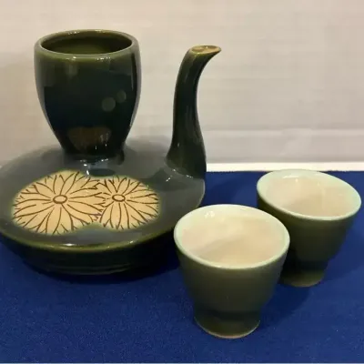 Vintage Japanese Oribe Style Sake Set - Green Glaze, Chrysanthemum Warming Pitcher, 2 Cups