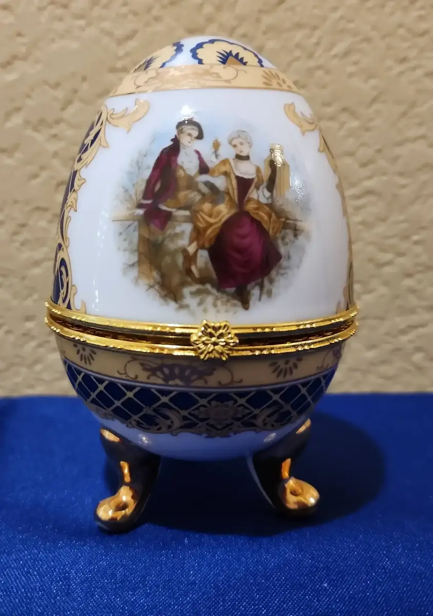 Vintage Vacceli Italy Porcelain Egg-Shaped Trinket Box, Hinged, Man & Woman Scene