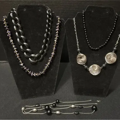 5 Necklaces - Amethyst Chip, Black Chunky Link, Silver Tone Mesh, Beaded, Station Chain