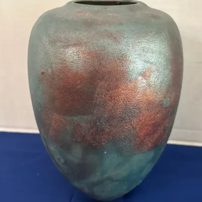 Raku Pottery - Signed Dale Ferguson, Ceramic Design, 16.5" Vase, Iridescent Metallic Copper Teal