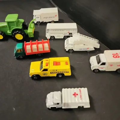 8 Play Vehicles - 7 Diecast, Virgin Atlantic, Plastic John Deere Tractor, Farm, First Responders