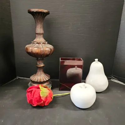Home Decor - White Ceramic Apple & Pear, Wood Pedestal Candle Holder, Red Glass Vase, Red Felt Rose 