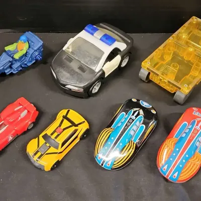 Larger Scale Toy Cars - Magna Tile Car, 2 Schylling Friction Race Cars, Police Car