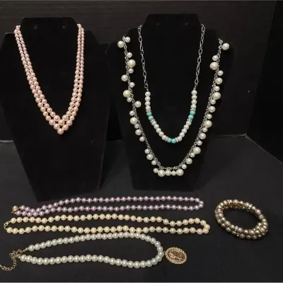 Faux Pearl Jewelry - 6 Necklaces + Wrap Bracelet, Pink Double Strand, Coin Pendant, Lavender, Cream