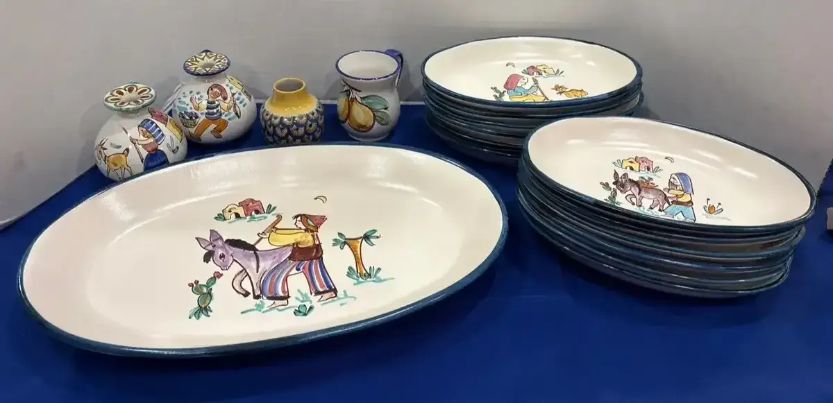 Vintage Ceramica Giovanni Vietri Italian Pottery Set - Oval Platter, Plates, Pitcher, Vase