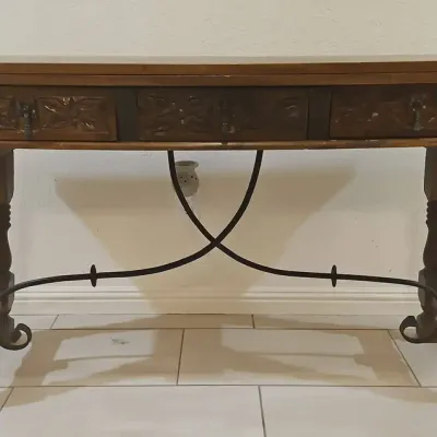 Beautiful Antique Early 1900's Spanish Fold Out Console Table - 3 Drawers, Dark Wood, Ornate, Iron