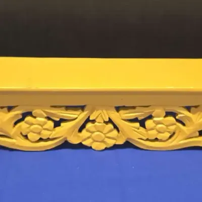Wooden Wall Hanging Shelf - Hand Carved, Yellow, Ornate Floral Design