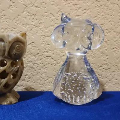 Stone & Glass Owls Figures - Purple Carved Amethyst Owl, Hand-carved Soapstone Owl, Clear Glass Owl