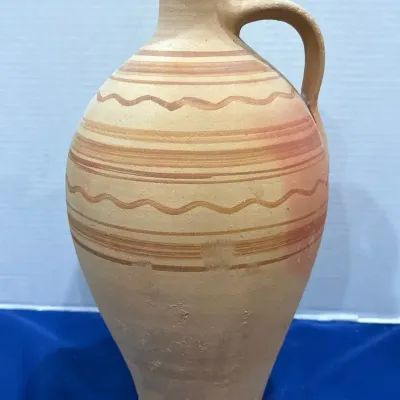 Rustic Terracotta Pottery Jug - 15.5” Tall, Hand Painted Striped Folk Art Pitcher