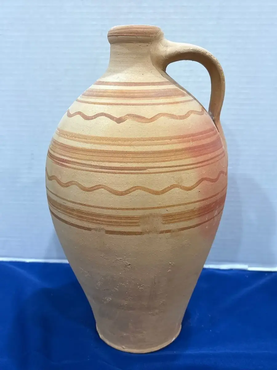 Rustic Terracotta Pottery Jug - 15.5” Tall, Hand Painted Striped Folk Art Pitcher