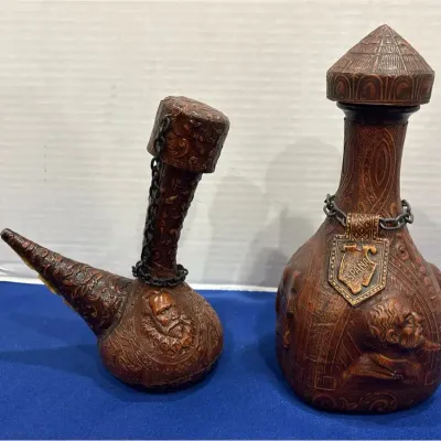 Vintage Spanish Tooled Leather Don Quixote Decanter & Porron Wine Pitcher Set - Embossed Barware