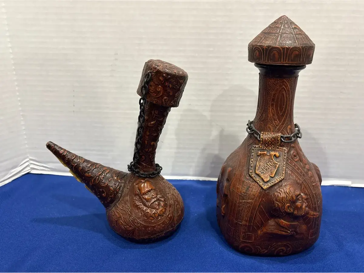 Vintage Spanish Tooled Leather Don Quixote Decanter & Porron Wine Pitcher Set - Embossed Barware
