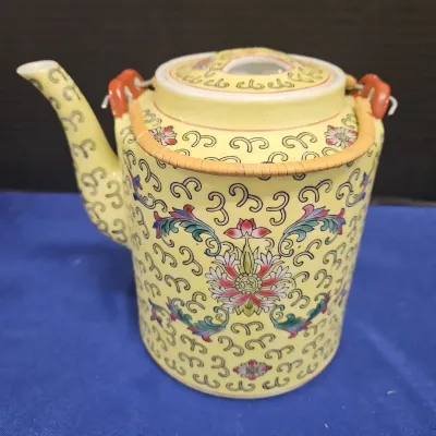Vintage Chinese Mun Shou Longevity Yellow Tea Pot With Handles - Porcelain & Bamboo