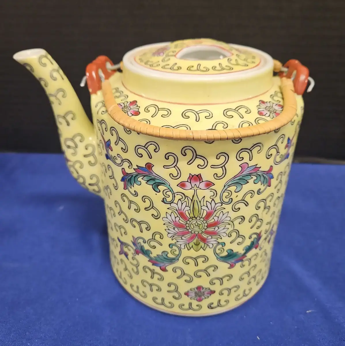 Vintage Chinese Mun Shou Longevity Yellow Tea Pot With Handles - Porcelain & Bamboo