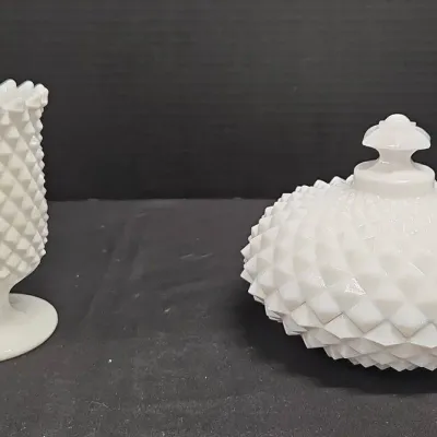 Vintage Westmoreland White Milk Glass - Diamond Point Pedestal Vase, Lidded Candy Dish