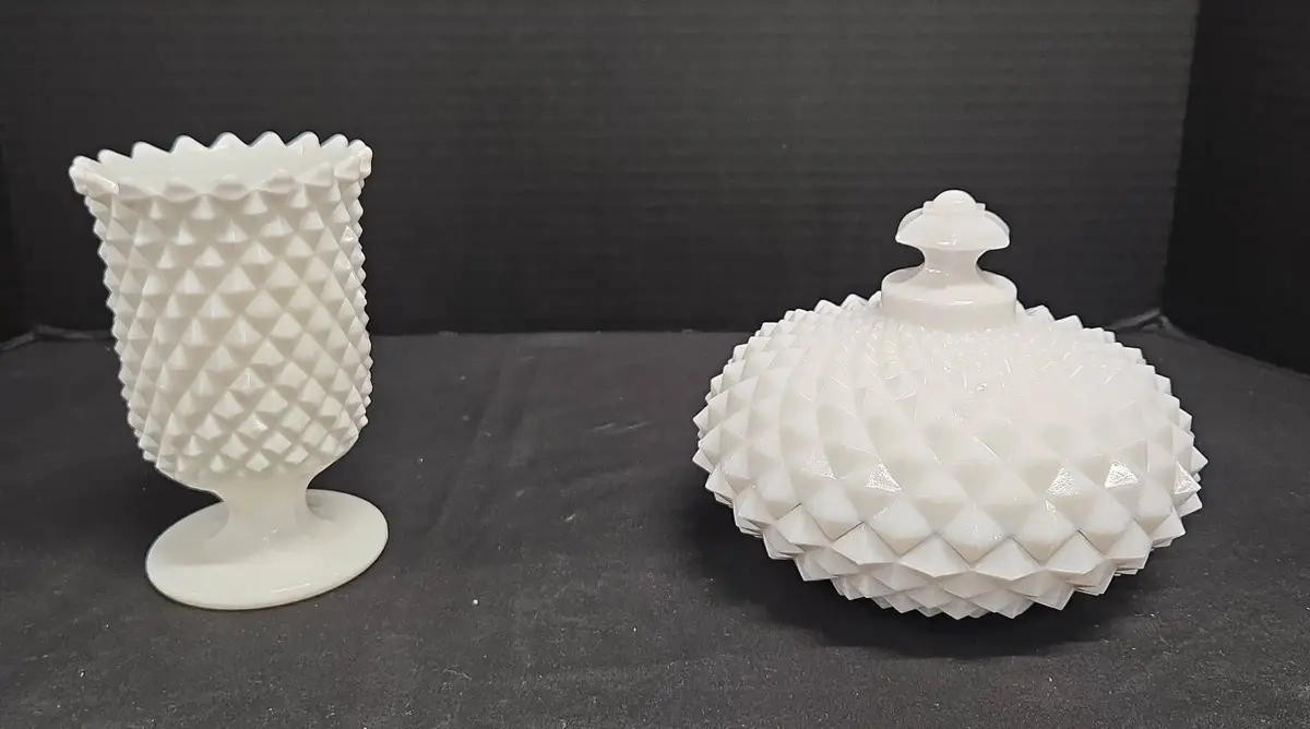 Vintage Westmoreland White Milk Glass - Diamond Point Pedestal Vase, Lidded Candy Dish