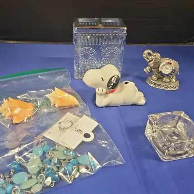 Bedroom Goods - Glass Holder, Elephant Clock, Vintage Snoopy Figurine, Shells, Jewelry, Ring Dish