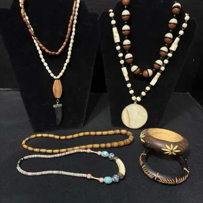 Boho Jewelry - Carved Mayan Aztec Calendar, Wood, Bone, Horn Necklaces + 2 Wood Bangle Bracelets