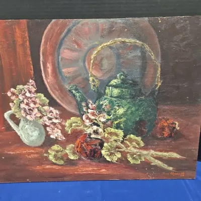 Vintage Oil Painting Signed By Frank Weymouth - Green Teapot, Still Life with Geraniums