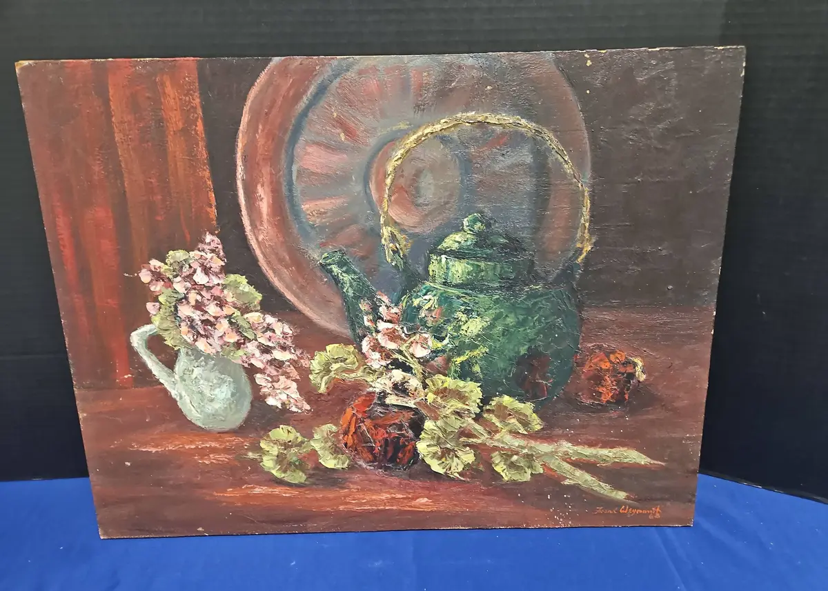 Vintage Oil Painting Signed By Frank Weymouth - Green Teapot, Still Life with Geraniums
