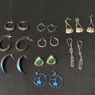 Earrings - 10 Pair, Textured Hoops, Triangle W/ Green, Amethyst Bar Dangles, Blue Stars