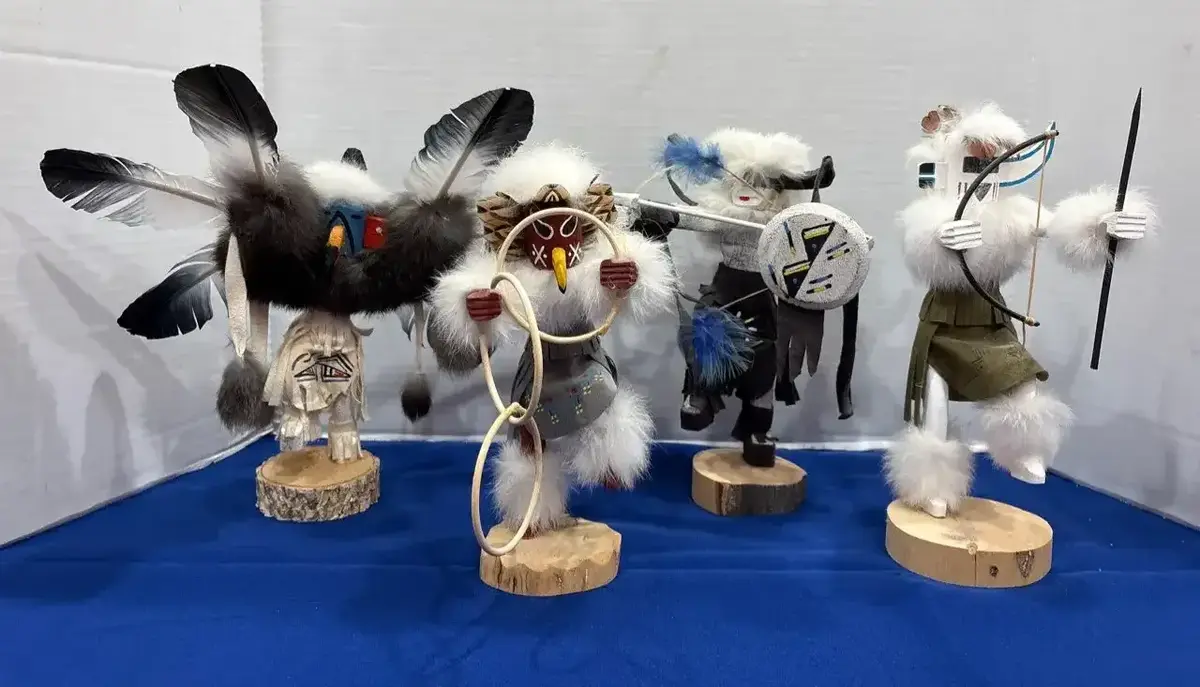 4 Native American Navajo Kachina Dolls - Eagle, Buffalo Warrior, Hoop Dancer, Zuni, Signed