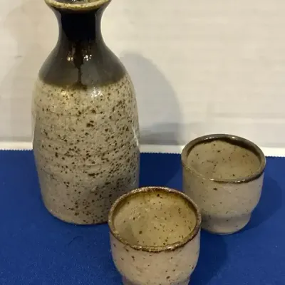 Japanese Stoneware Sake Set - Textured Speckled Glaze Tokkuri & 2 Ochoko Cups