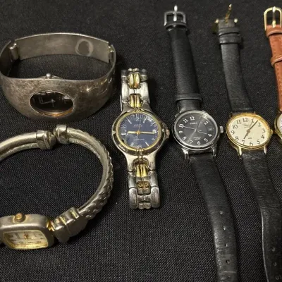 6 Ladies Watches - Golden, Anne Klein Cuff, Guess, Timex Leather Bands